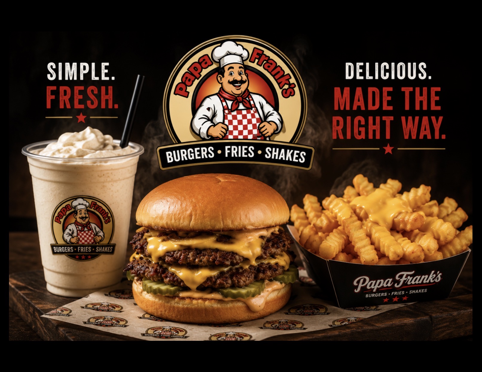 The Papa Frank double smash cheeseburger with crinkle-cut fries and a vanilla shake