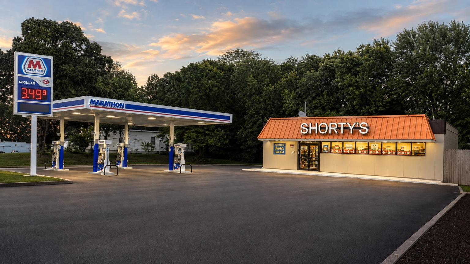Shorty's #3 Marathon fuel canopy and Shorty's Food Mart store at dusk