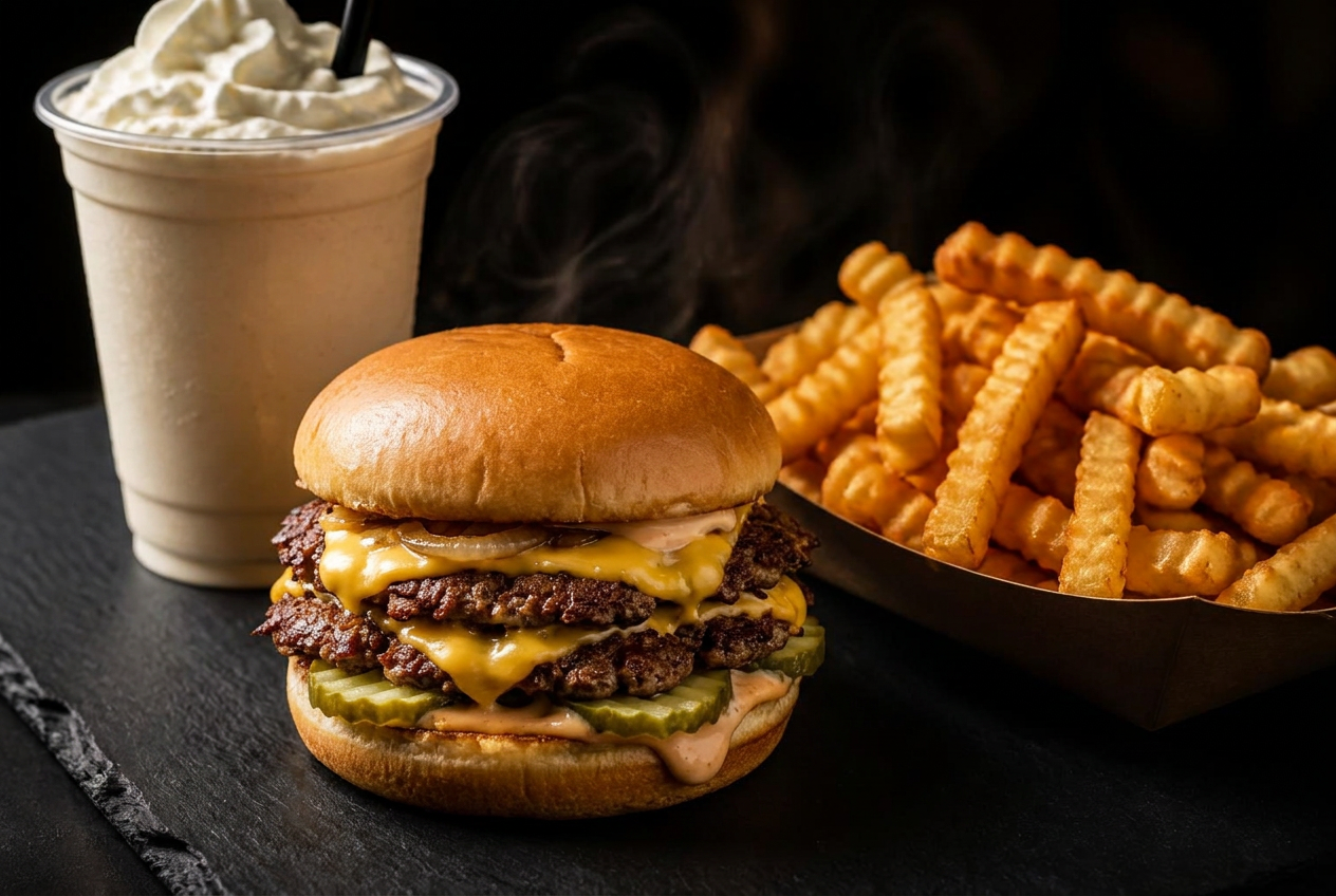 The Papa Frank double smash cheeseburger with crinkle-cut fries and a vanilla shake