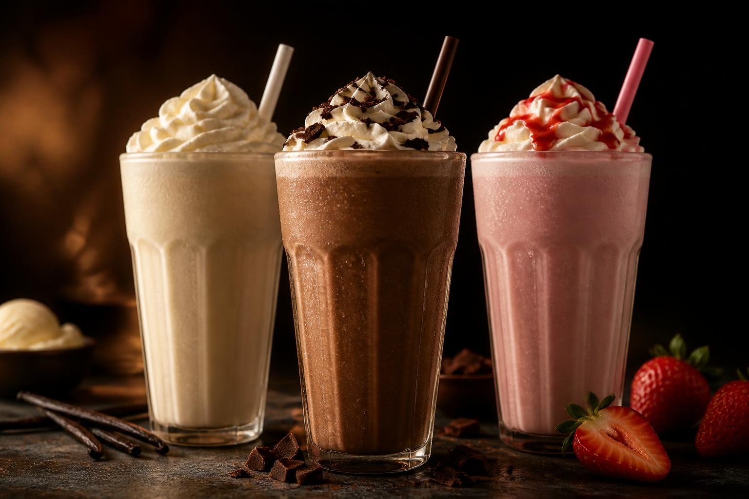 Vanilla, chocolate and strawberry hand-spun milkshakes