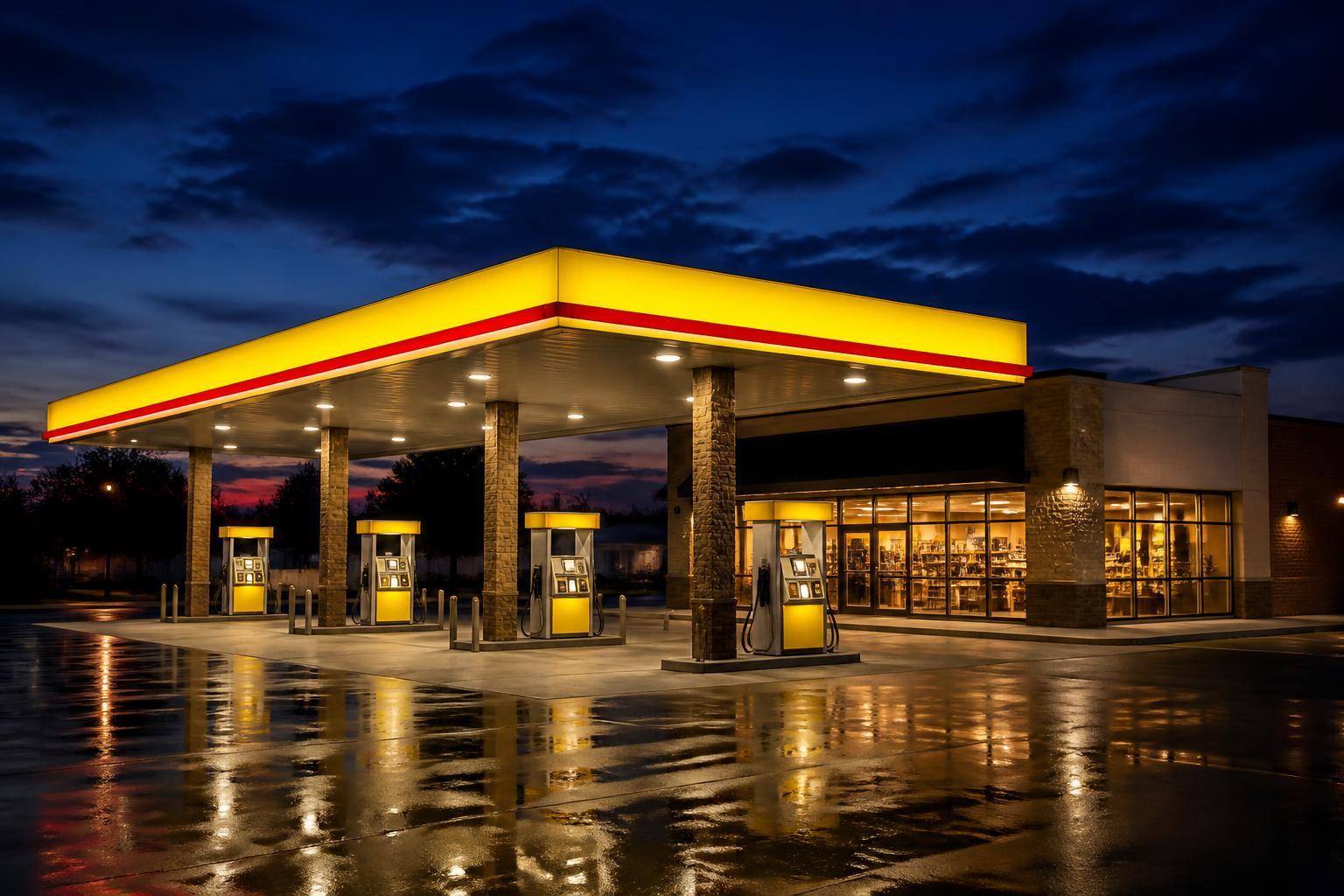 Shorty's #2 fuel canopy and convenience store lit at dusk