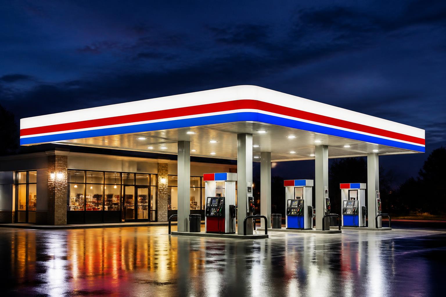 Shorty's #4 fuel canopy and convenience store lit at dusk